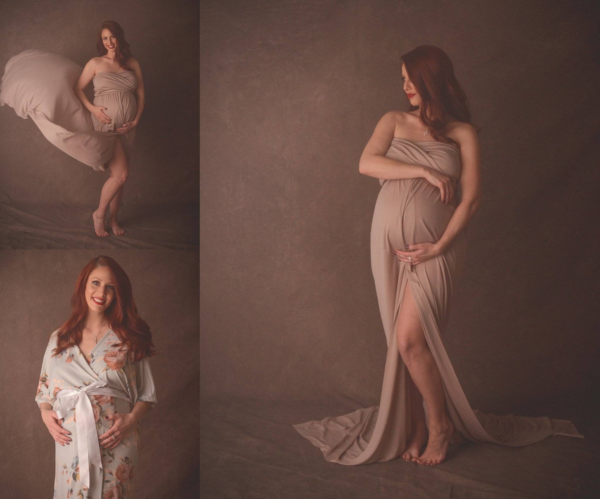 A pregnant woman is posing in different poses.