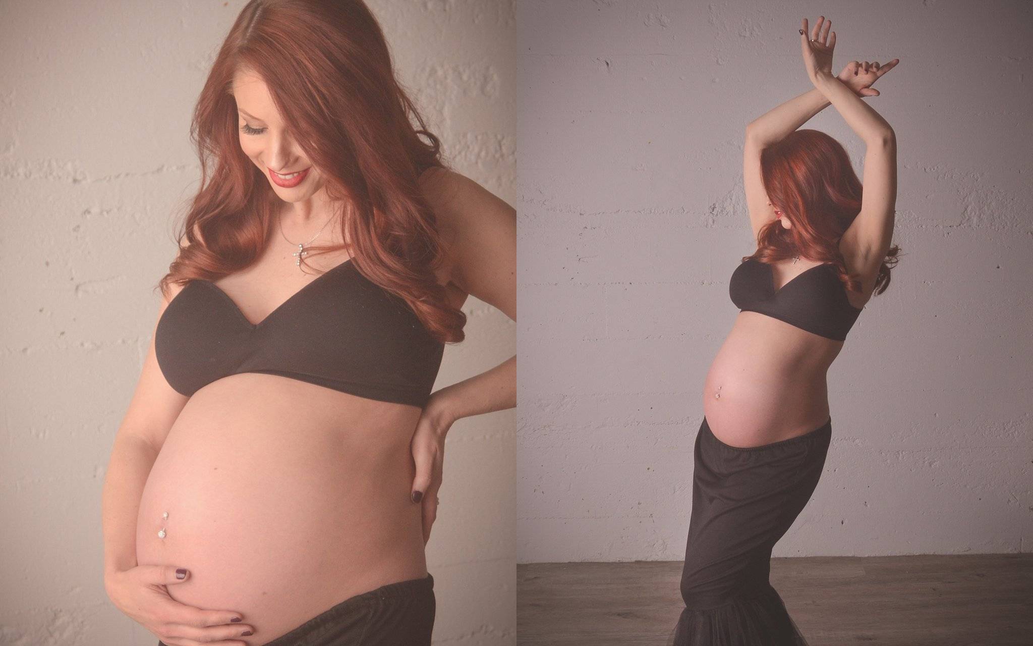 Two pictures of a pregnant woman posing in a black dress.