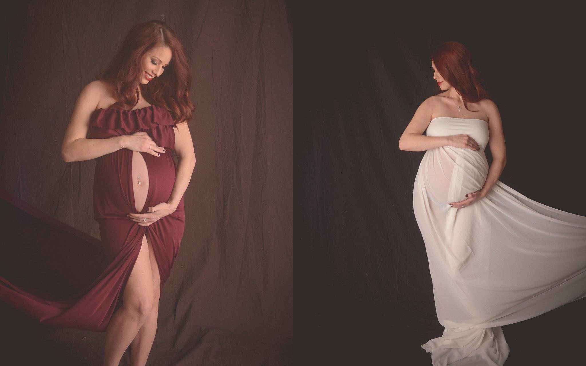 Two pictures of a pregnant woman posing in a dress.