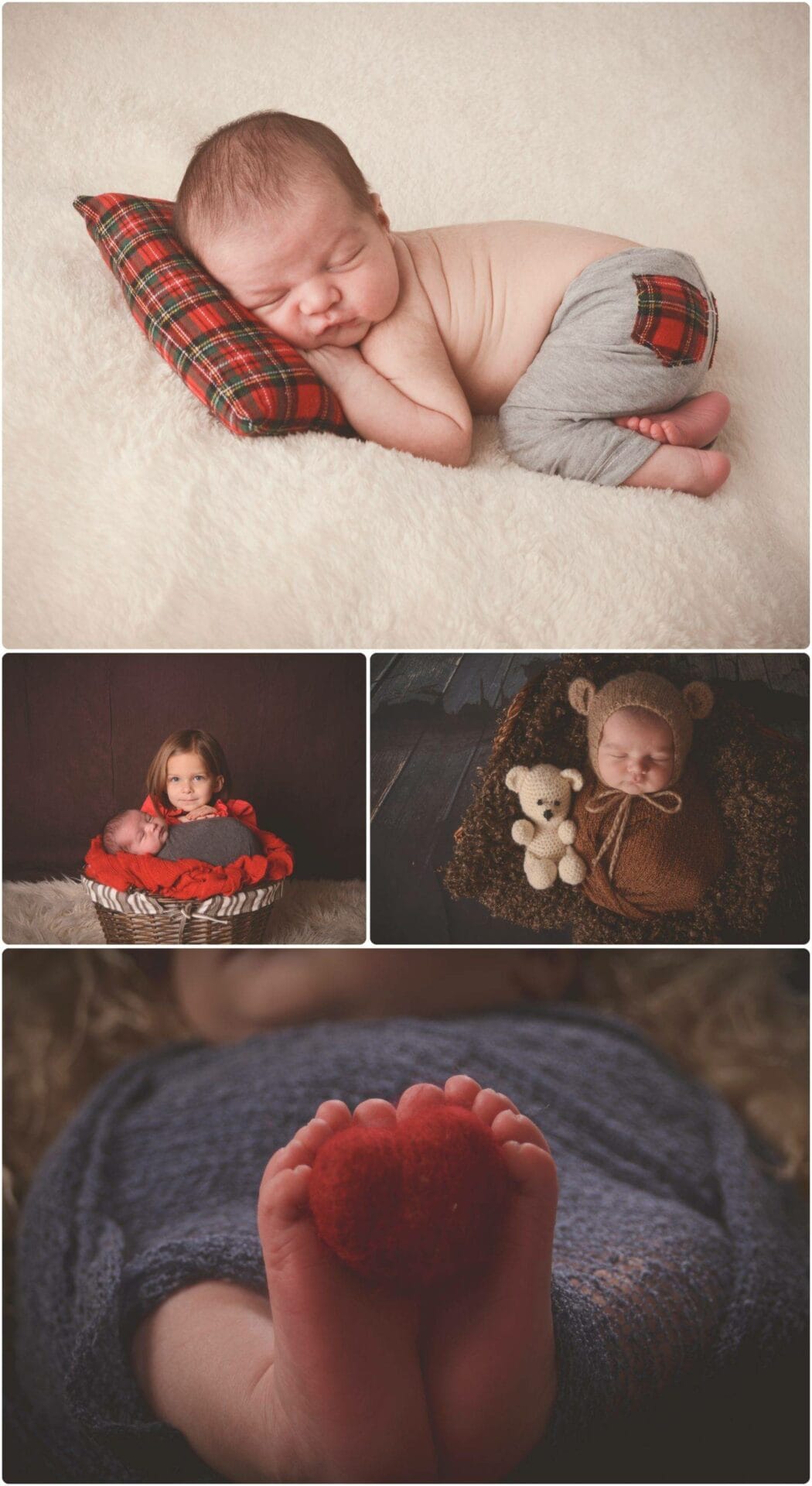 A collage of photos of a baby sleeping in a blanket with a teddy bear.