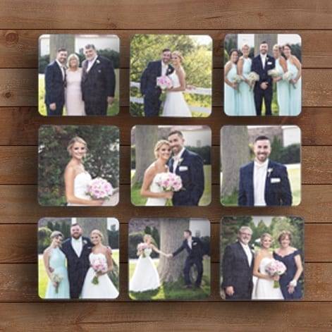 A set of wedding coasters with pictures of the bride and groom.