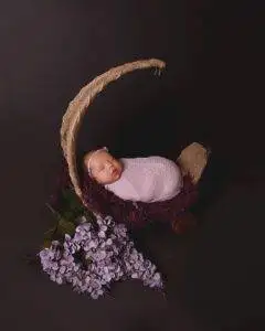 A newborn baby is wrapped in a purple blanket and surrounded by lilacs.
