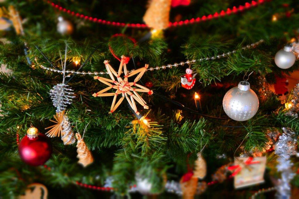 A christmas tree decorated with ornaments.