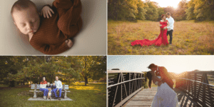 A collage of photos of a couple and a baby in a park.