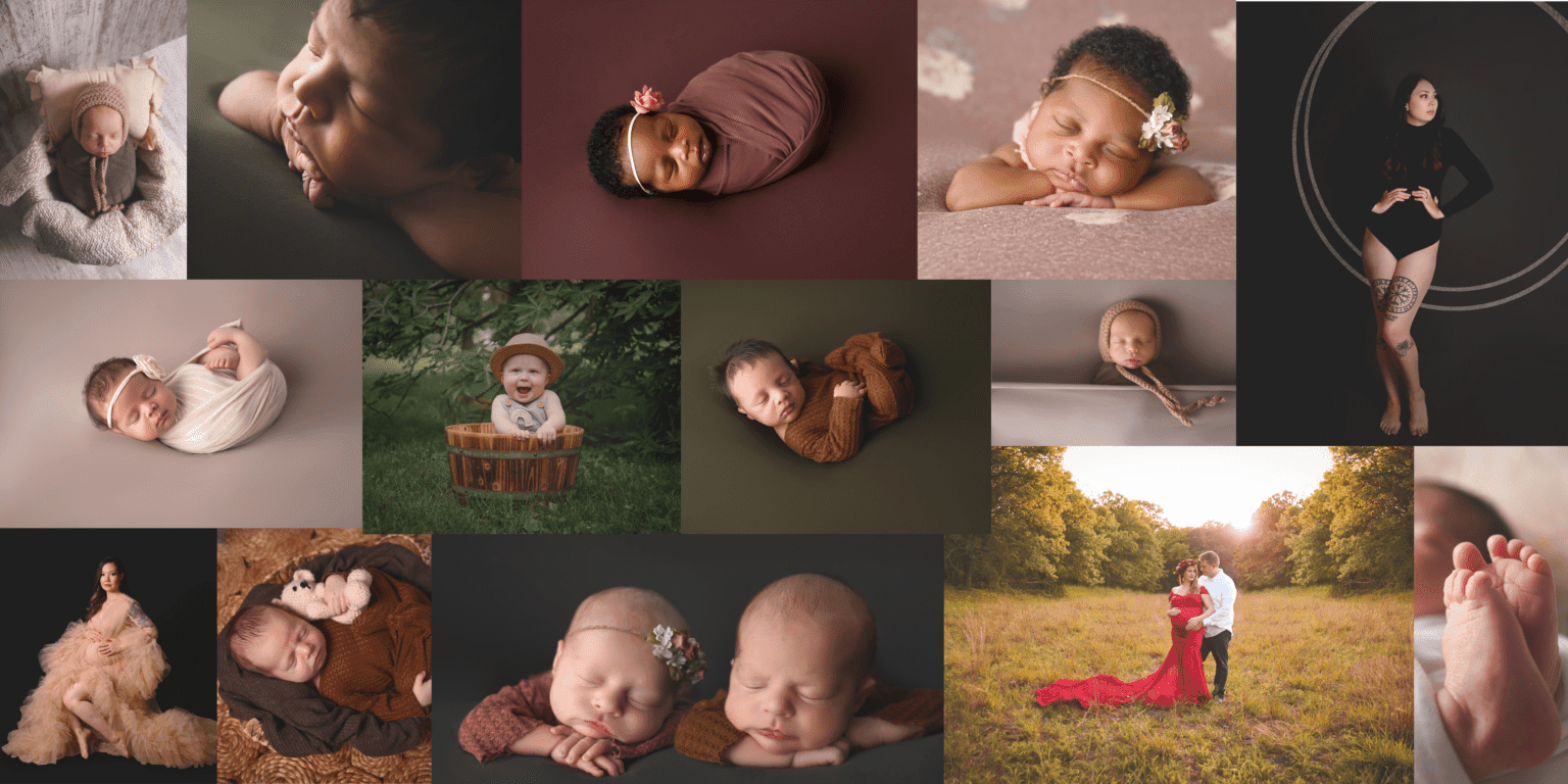 A collage of professional photographs by Giliane E Mansfeldt Photography, showcasing a variety of portrait sessions. Images include serene sleeping newborns in cozy wraps and baskets, a smiling baby in a wooden tub outdoors, a pregnant woman in elegant attire, a couple with a red flowing dress in a sunlit field, and a close-up of a baby's feet. The center of the collage features the photographer's business name and establishment year, highlighting a sense of timeless elegance and a focus on life's milestones