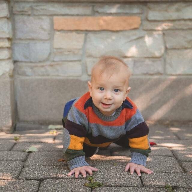 A baby crawling on a brick surface captured in baby photography.