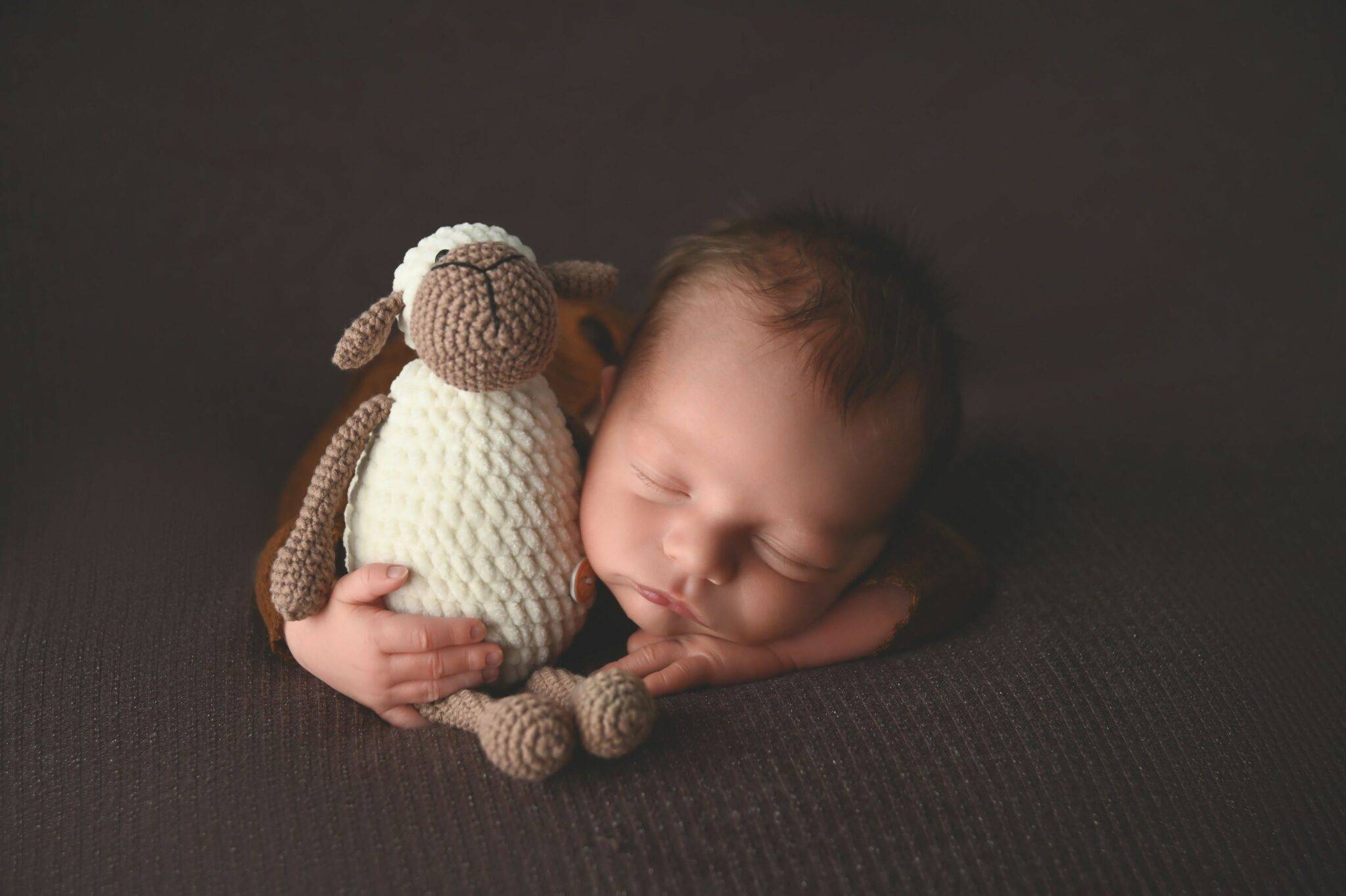 a newborn sleeping on a blanket on a brown surface holding a stuffed animal