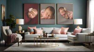 A living room with three baby portraits hanging on the wall.