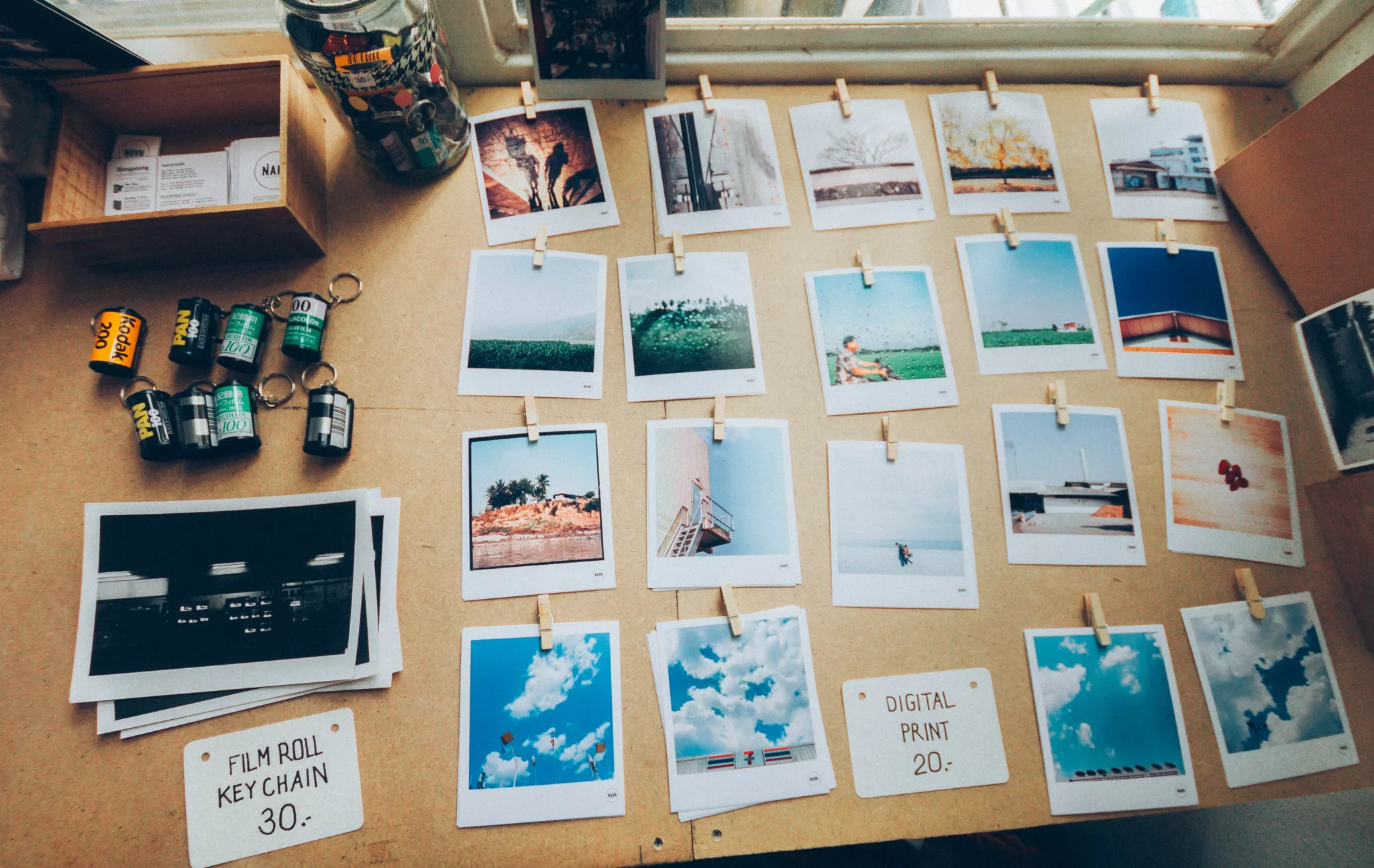 A table with a lot of pictures on it.