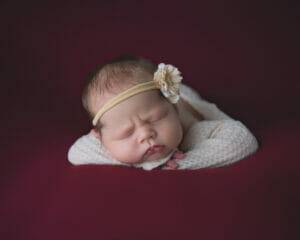 A newborn girl peacefully sleeping on a maroon background in Saint Paul, Minnesota.