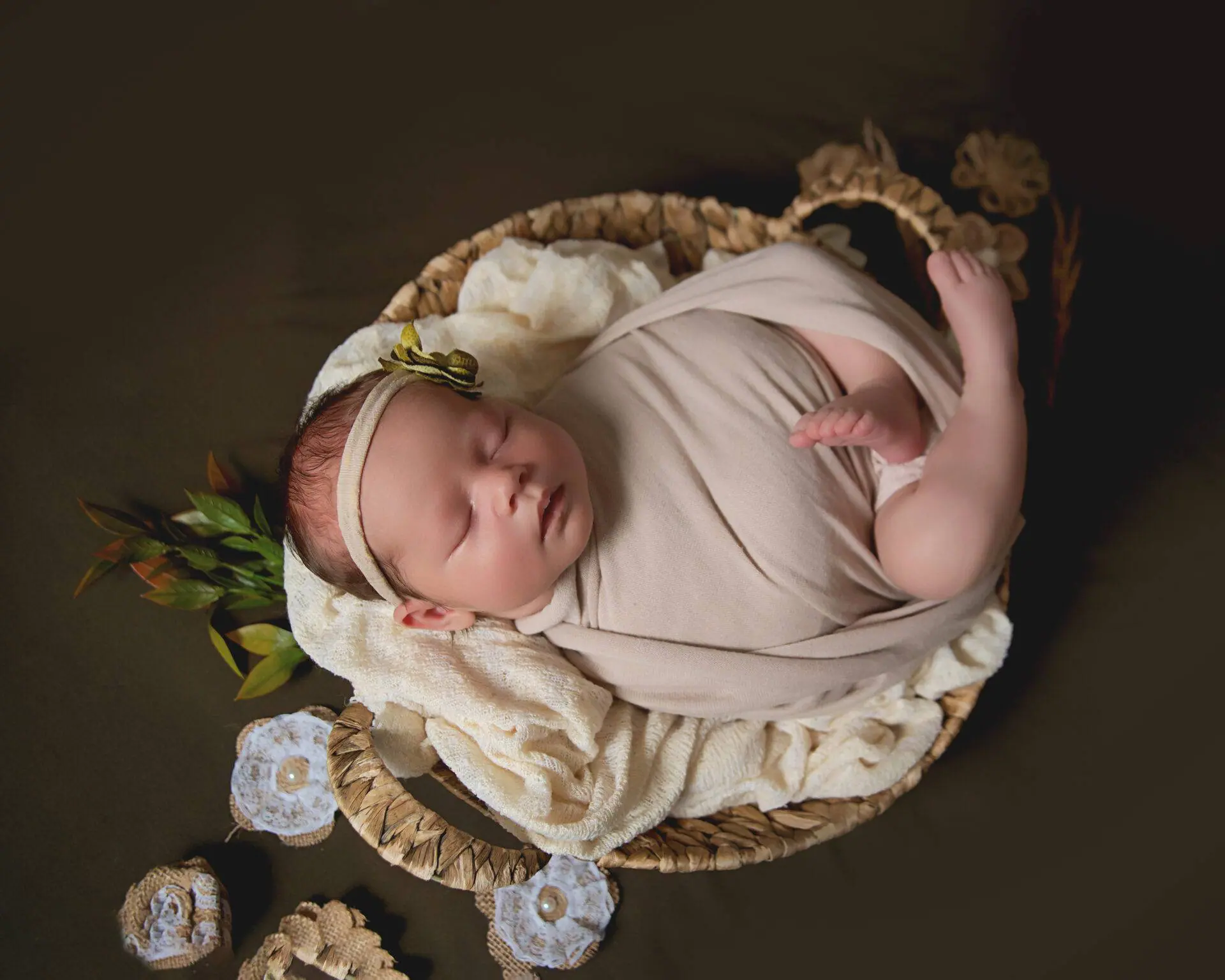 Newborn baby swaddled in cloth, sleeping peacefully in a woven basket with decorative elements, captured during a family photography session in Saint Paul, Minnesota.