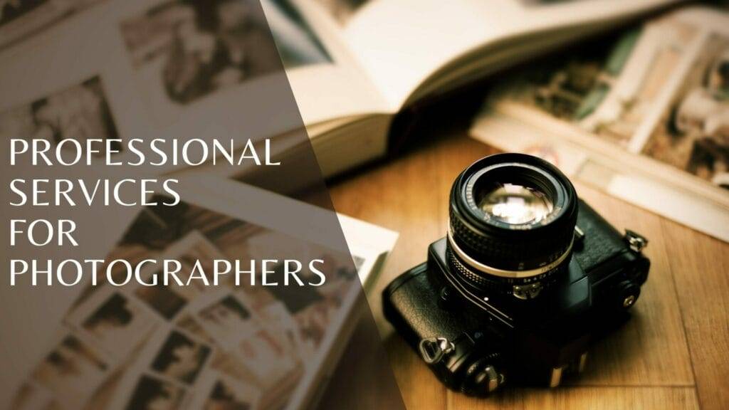 An open book and a vintage camera on a wooden surface with the text "Professional Services for Photographers" on the left side.