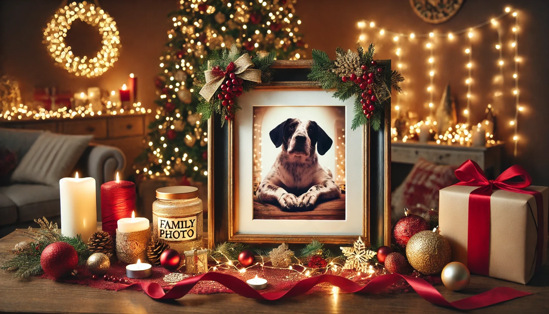 Framed dog photo on a festive table with candles, ornaments, and wrapped gifts. Background features a decorated Christmas tree with lights.