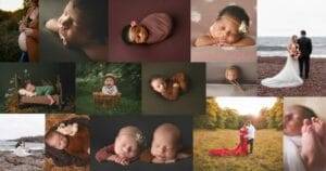 Collage of maternity, newborn, and wedding photos, featuring pregnant woman, sleeping babies wrapped in fabric, outdoor wedding scenes, and a couple posing on a beach and in a meadow.