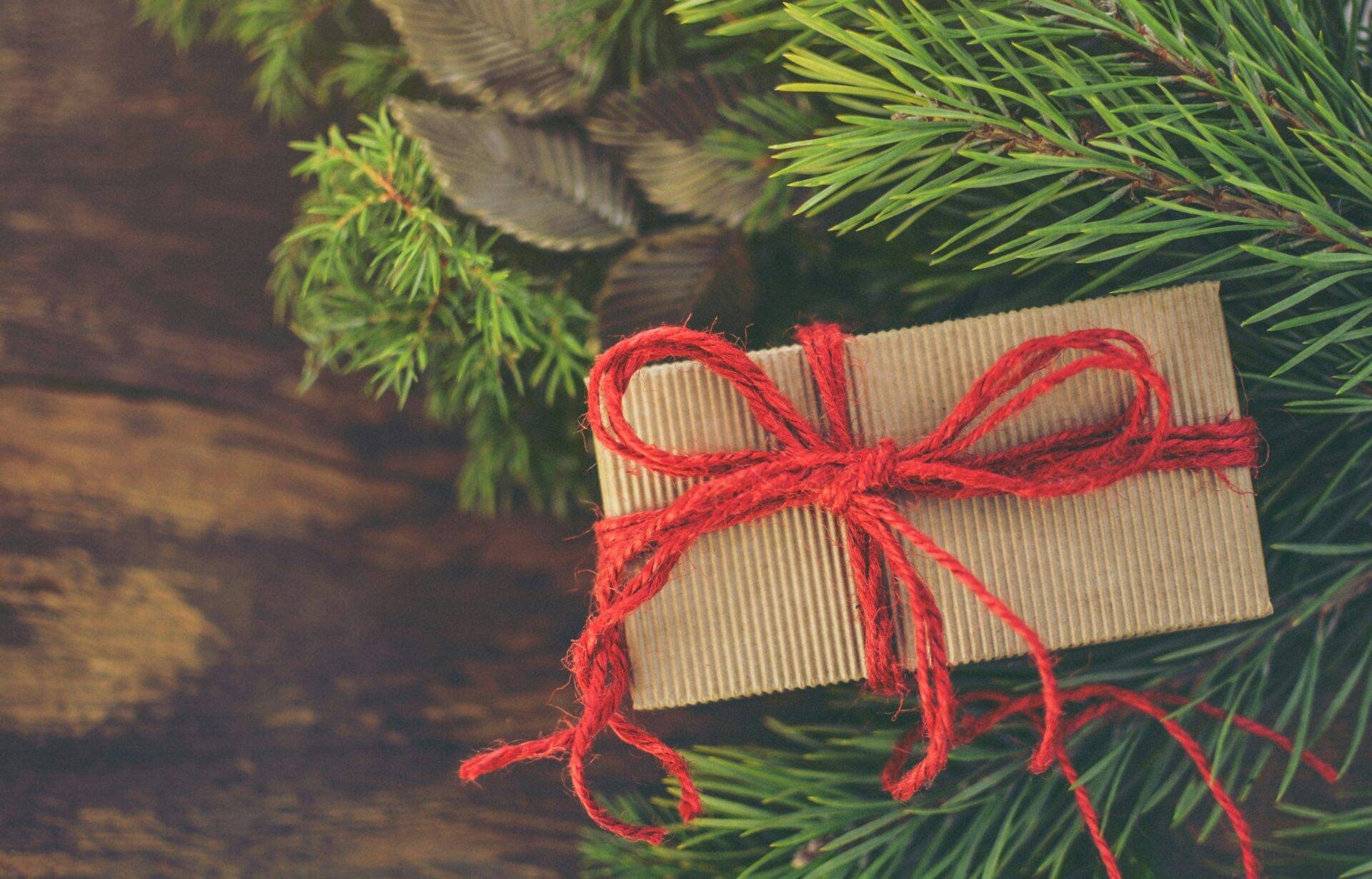 A small, wrapped gift with a red string bow rests on pine branches with a wooden background.