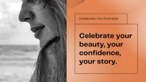 Close-up side profile of a woman with long hair by the beach, next to text reading, "Celebrate your beauty, your confidence, your story" on an orange background.