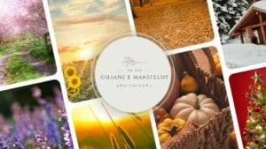 Collage of nature and seasonal scenes including blooming flowers, sunsets, autumn leaves, snow, and festive decorations, with a central logo for Giliane E. Mansfeldt Photography.