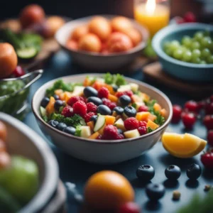 A bowl filled with assorted fruit salad, surrounded by various whole fruits like grapes, blueberries, and apricots on a table, with a lit candle in the background.