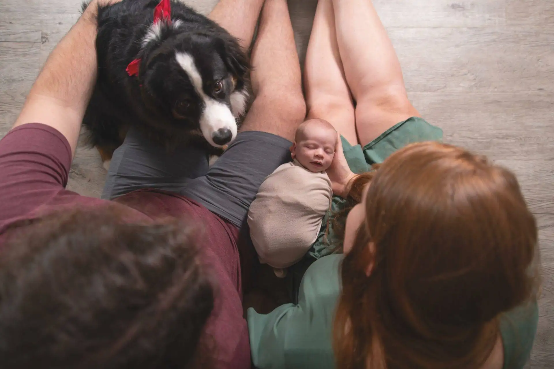 A baby wrapped in a blanket sleeps between two adults sitting on the floor. A dog with a red bow sits nearby, looking up.