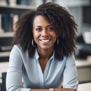 A person with curly hair and wearing a light shirt is smiling in a modern office setting.