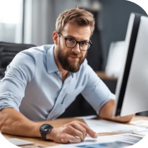 A bearded man in glasses sits at a desk, looking at a computer monitor. He wears a light blue shirt and a black wristwatch. Papers are scattered on the desk.