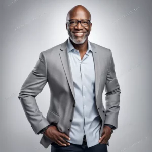 Smiling man in glasses, wearing a gray blazer and blue shirt, stands with hands on hips against a gray background.