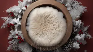 A wooden bowl with white fluffy fur, surrounded by white leaves, red berries, and pinecones on a rich red background.