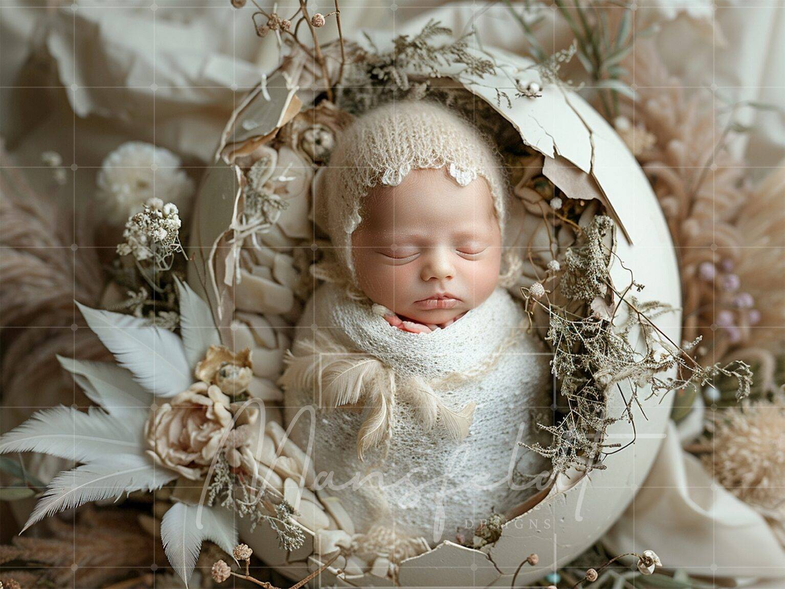 A sleeping baby wrapped in a knit blanket and hat, positioned inside a wreath adorned with dried flowers and feathers.