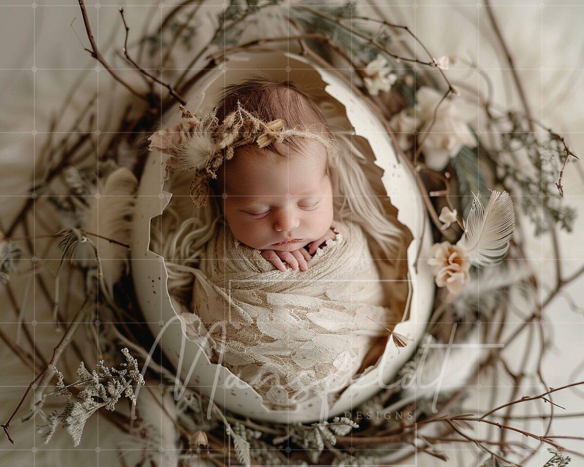 Newborn baby swaddled in a lace blanket, nestled inside a large cracked eggshell with twig and floral decorations.