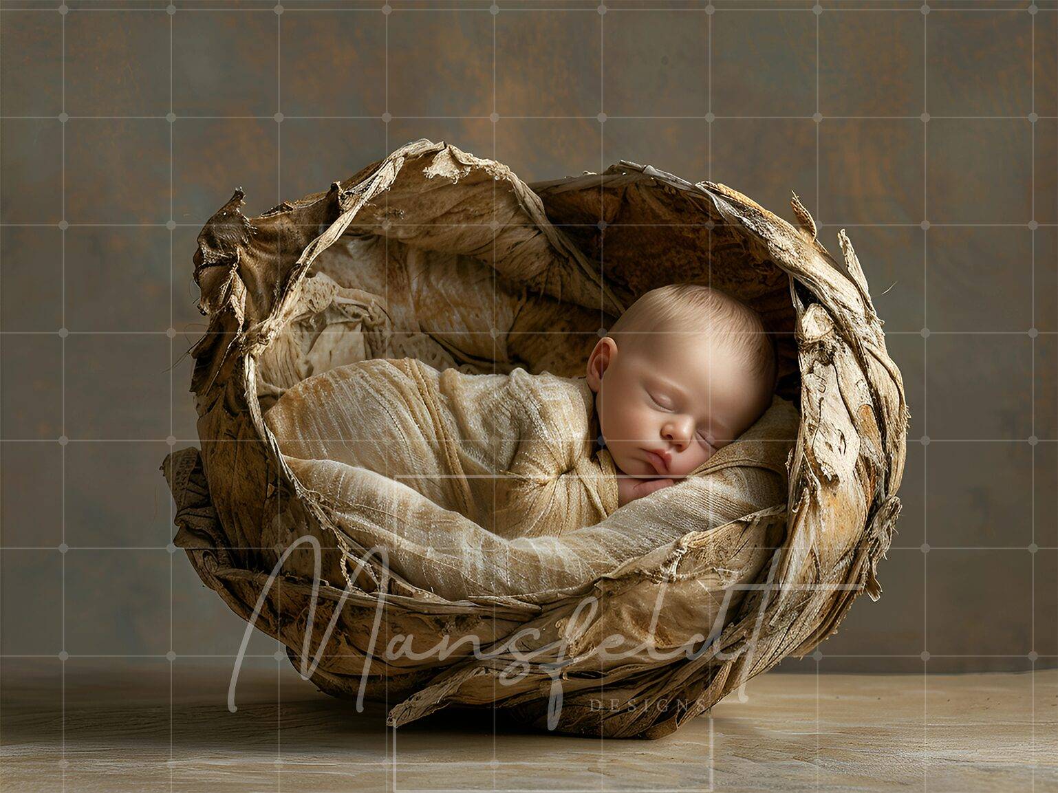 A sleeping baby is wrapped in beige fabric, nestled inside a large, rustic, bowl-shaped structure against a neutral background.