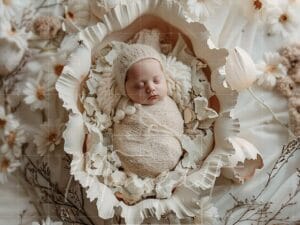 A sleeping baby is wrapped in cream-colored fabric, nestled in a flower-like arrangement surrounded by white flowers and soft materials.