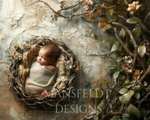 A sleeping baby wrapped in a blanket lies in a nest-like setting with branches and flowers. Text reads "Mansfeldt Designs.