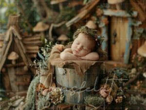 Sleeping baby with a floral crown rests in a wooden bucket, surrounded by flowers and rustic decorations.