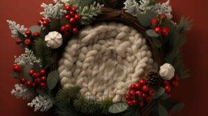 Wreath with red berries, pinecones, and white ornaments around a central knitted design, set against a red background.