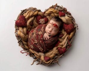 A sleeping baby wrapped in a red and gold blanket, nestled in a heart-shaped arrangement of woven branches and fabric, with small red heart decorations.