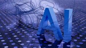 Blue "AI" letters amidst swirling lines on a reflective, hexagonal patterned surface.