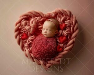 A baby wrapped in red fabric lies in a pink, heart-shaped knitted cushion with small red heart decorations.