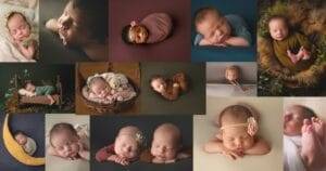 A collage of newborns sleeping in various poses and setups, including swaddles, a basket, and a small wooden bed, with soft lighting and earthy tones.