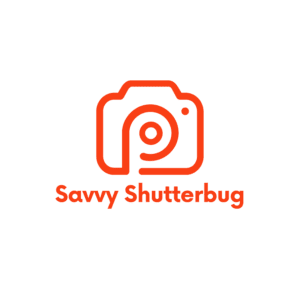 Orange camera icon with the letter "P" inside, above the text "Savvy Shutterbug" in matching color, all on a black background. Perfect for those seeking photography education and mentorships to sharpen their skills.