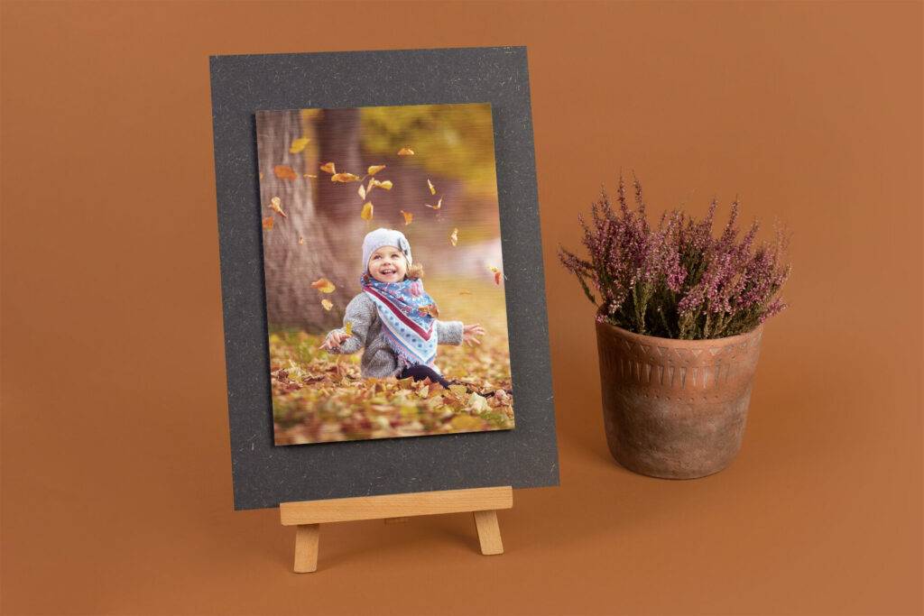A photo of a child smiling while playing with autumn leaves is displayed on an easel. A potted plant with purple flowers is placed beside it.