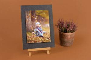 A photo of a child smiling while playing with autumn leaves is displayed on an easel. A potted plant with purple flowers is placed beside it.