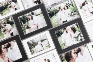 Collage of wedding photos featuring a couple in outdoor settings, embracing and holding hands, with floral arrangements.
