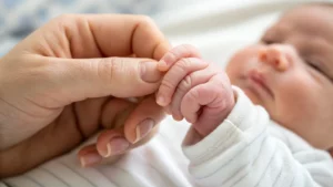 An adult hand gently holds a sleeping baby's hand, both lying on a soft surface.