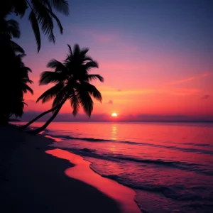 A sunset over a tropical beach with palm trees silhouetted against the pink and purple sky, as gentle waves lap the shore.