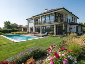 Modern two-story house with large windows, a balcony, and a patio. Features a lush garden, swimming pool, and landscaped lawn under a clear blue sky.