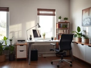 A modern office with a desk, computer, and lamp by two windows. An office chair sits at the desk, surrounded by plants. Shelves and cabinets are on the right.