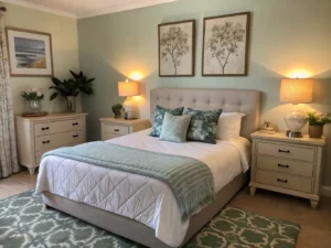 Bedroom with a bed, green and white bedding, two bedside tables with lamps, decorative pillows, a rug, plants, and framed artwork on pastel green walls.