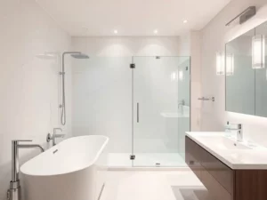 Modern bathroom with a freestanding bathtub, glass shower enclosure, and a vanity with a large mirror.
