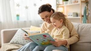 An adult and a child sit on a couch reading a colorful storybook together, smiling in a bright, cozy room with star decorations on the window.