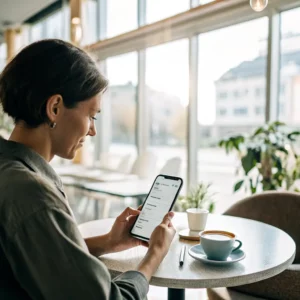 Person sitting at a café table, looking at a smartphone. A cup of coffee and a pen are on the table. Large windows are in the background.